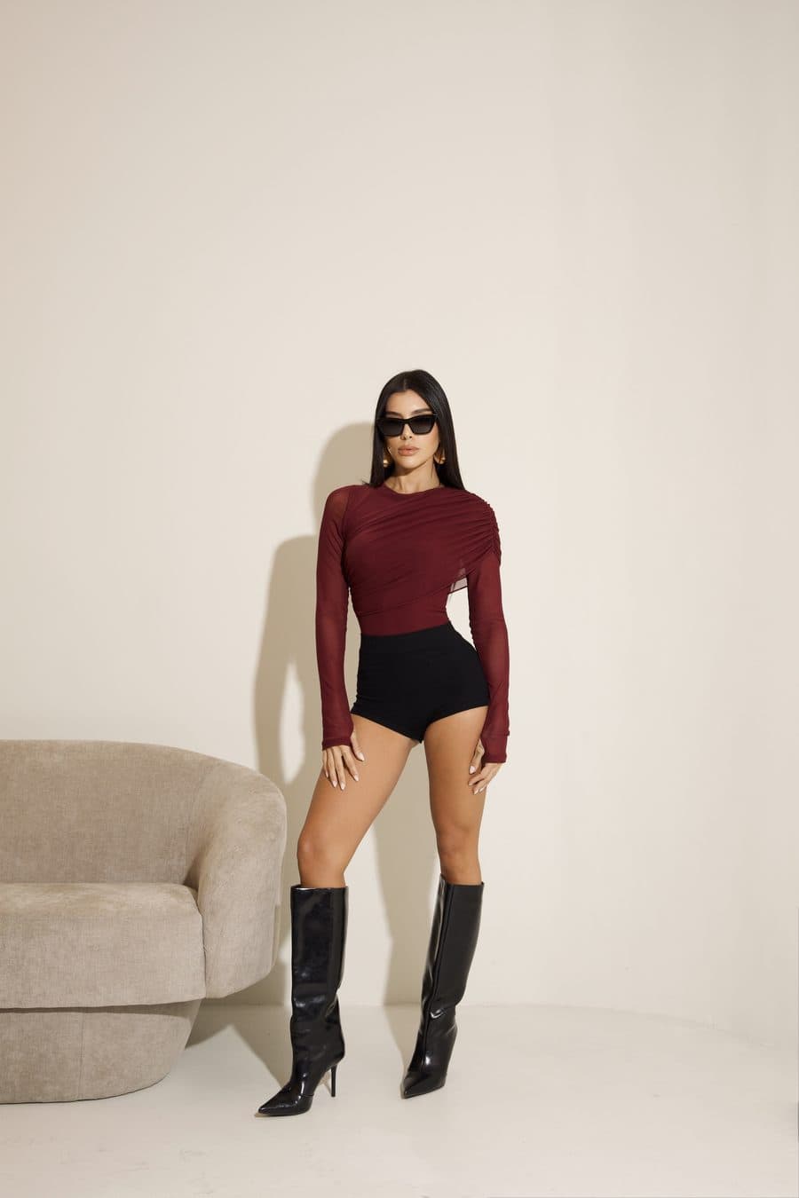Body Anie Drapeado no Ombro Manga Longa 5