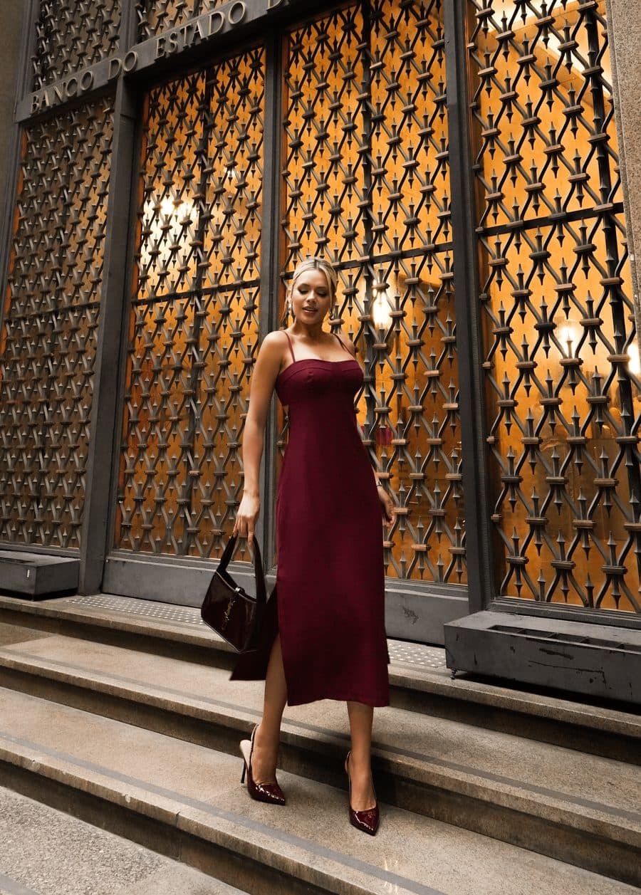 Vestido Nat Midi Rosa Alças Finas
